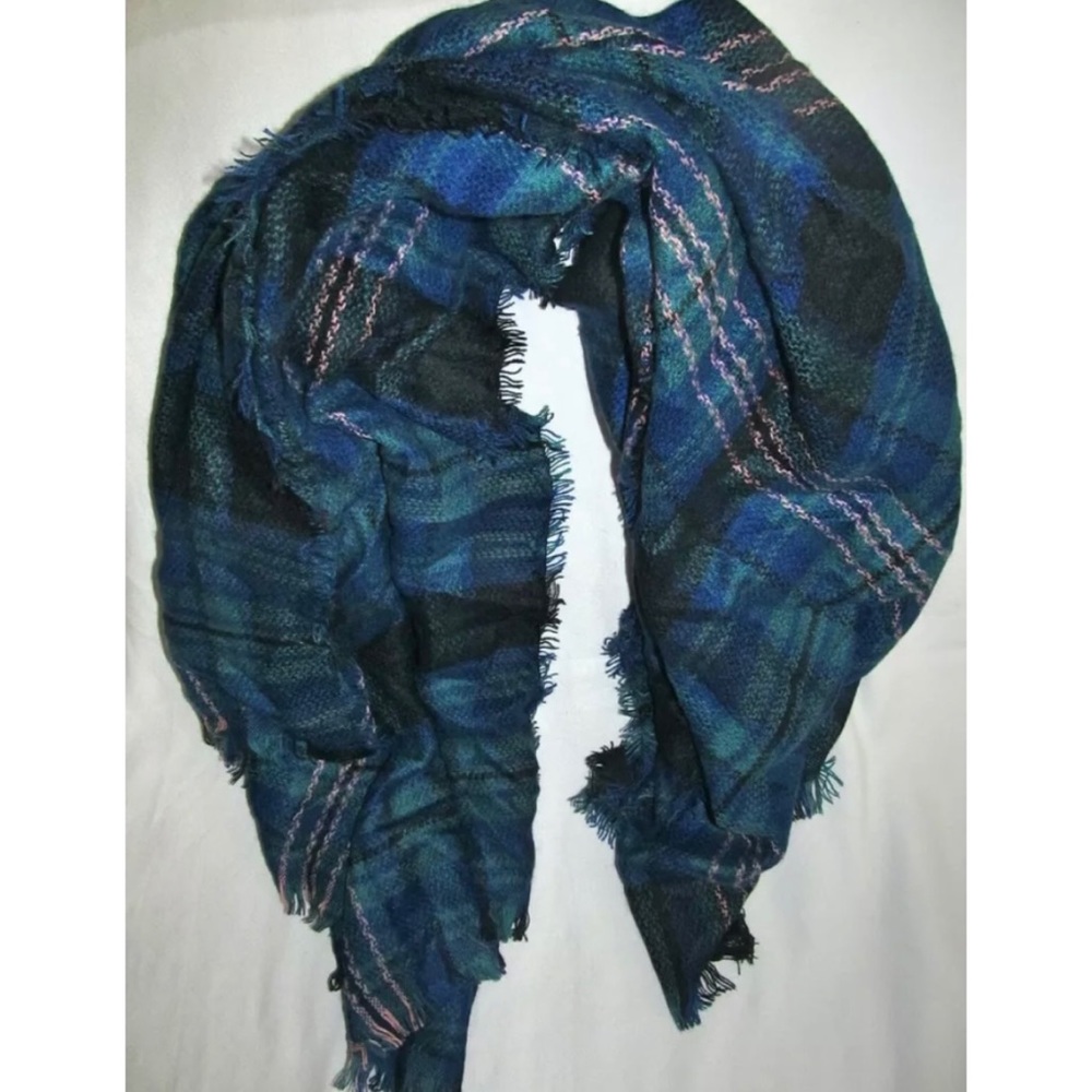 New Hat Attack Green Blue Jewel Plaid Blanket Scarf Womens One Size